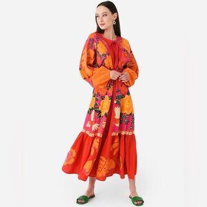 NWT Farm Rio Sunset Patchwork Maxi Dress in a red/orange multi-color size medium